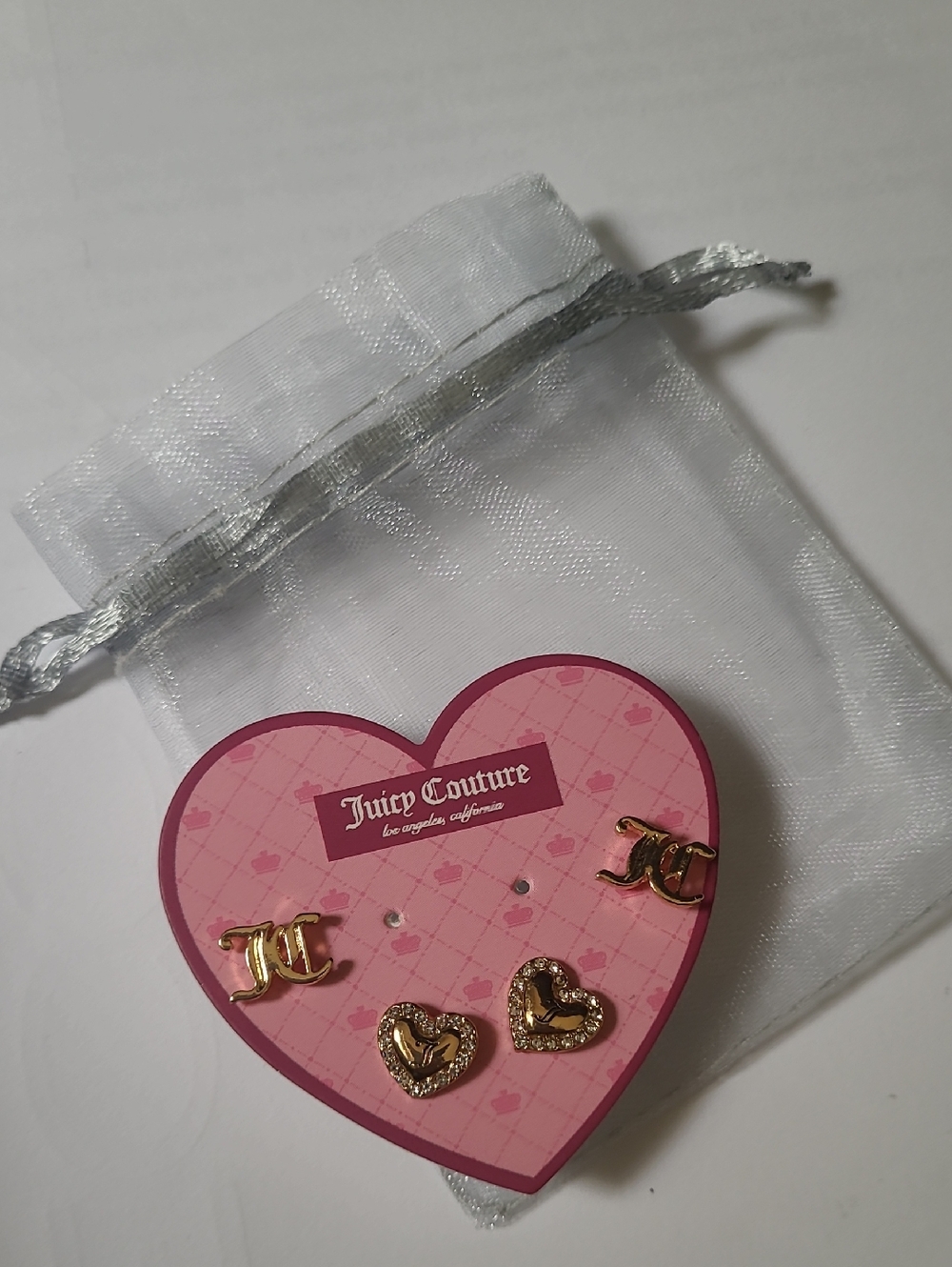 Juicy Couture Gold Heart & Logo Stud Earring Set with Pink Card